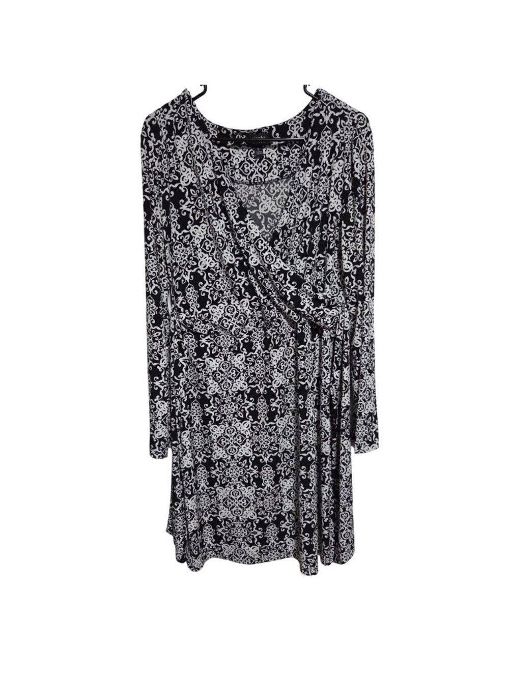 Nicole Miller Wrap Front Dress Size 16 Black White Long Sleeve Ornate Pattern